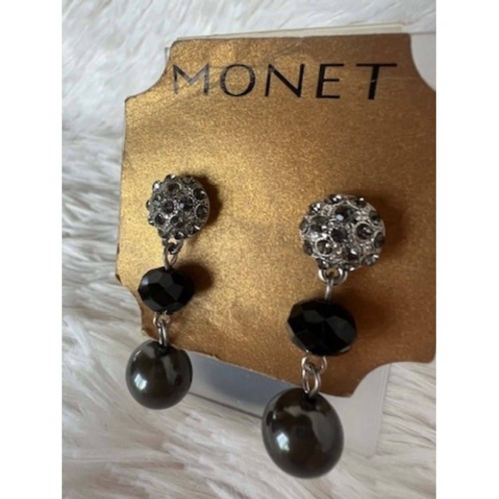 Monet Drop Earrings Black Silver Rhinestone Dangle Crystal Pearl Art Deco Glam - Picture 8 of 13